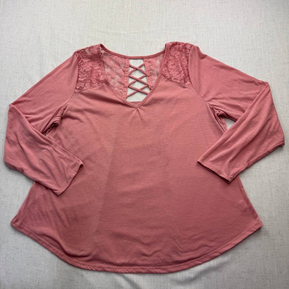 Self Esteem Blouse Womens 1X Pink Lace Back Lattice V-Neck Slub Knit Boho Top
